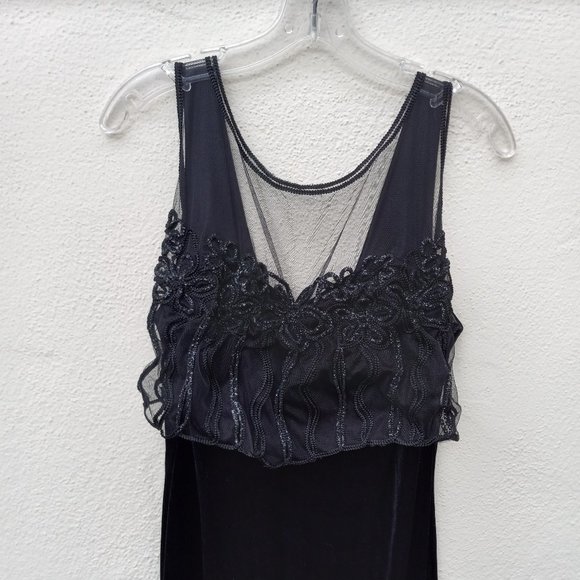 Vintage Velvet Embellished Mesh Overlay Maxi Cocktail Evening Gown 90s 80s - Picture 3 of 16